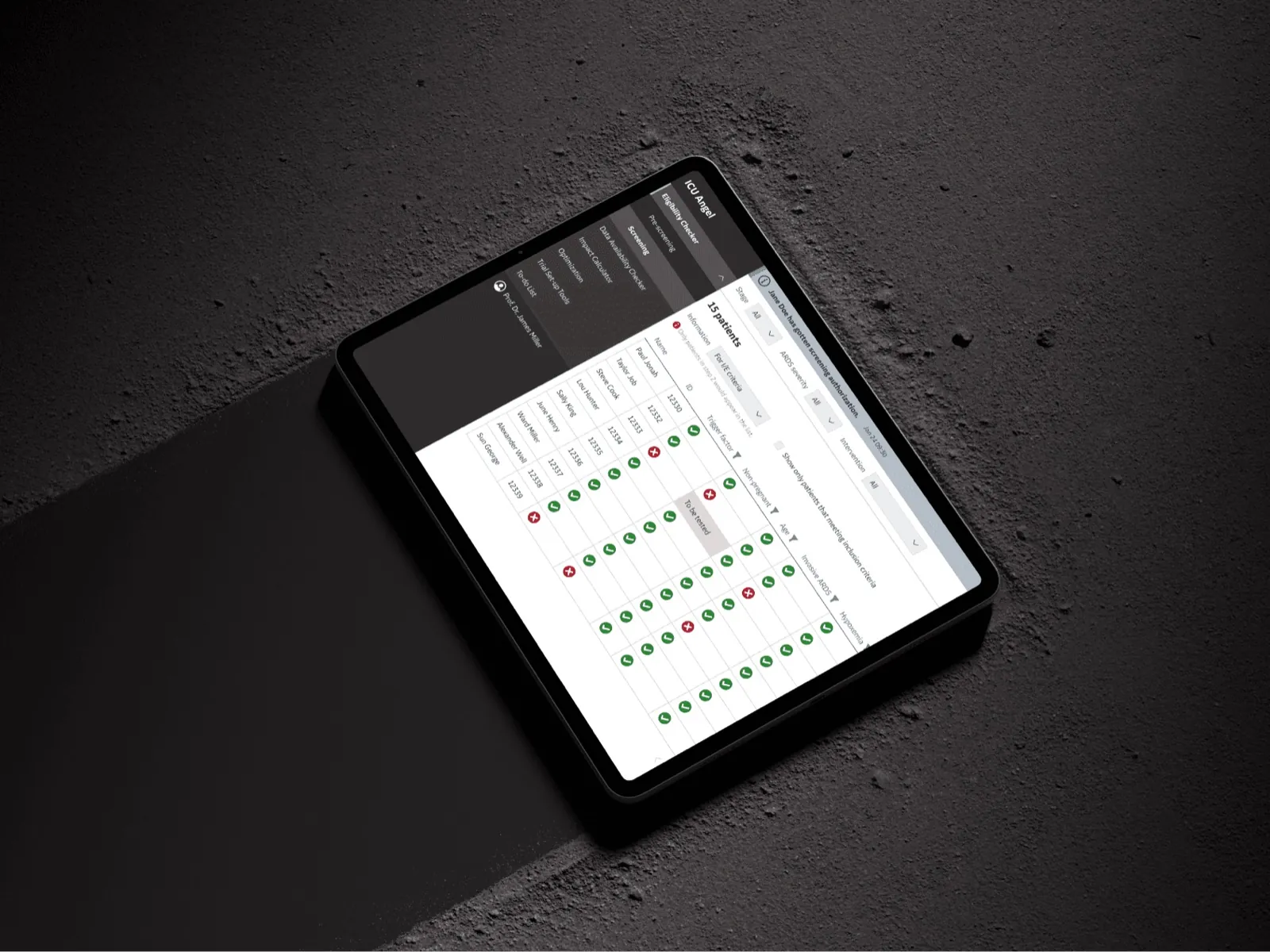 ICU Angel eligibility checker on a tablet, listing 15 patients against ARDS screening criteria